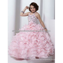 Halter rebordeado rosa rizado escalonado por encargo vestido de baile desfile flor chica vestidos CWFaf4536